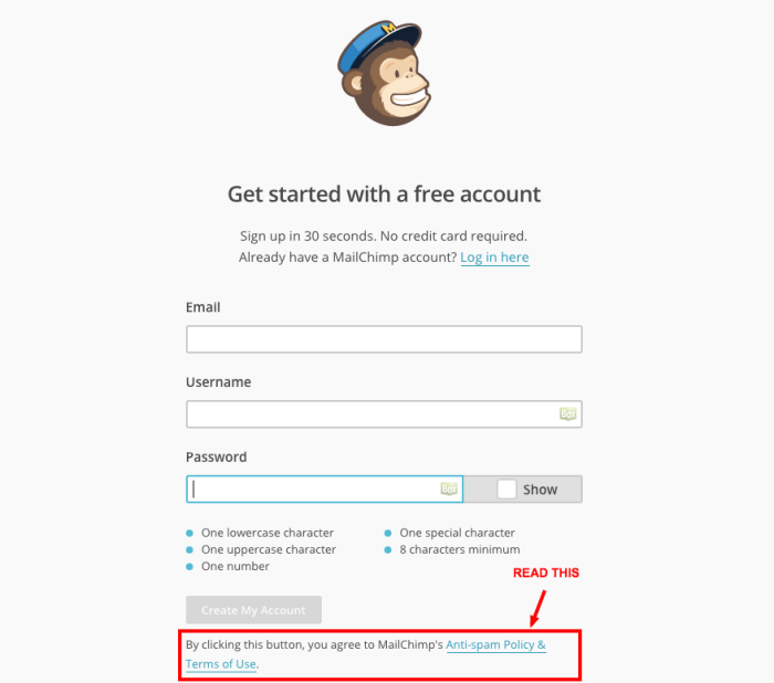 MailChimp Create Account Page